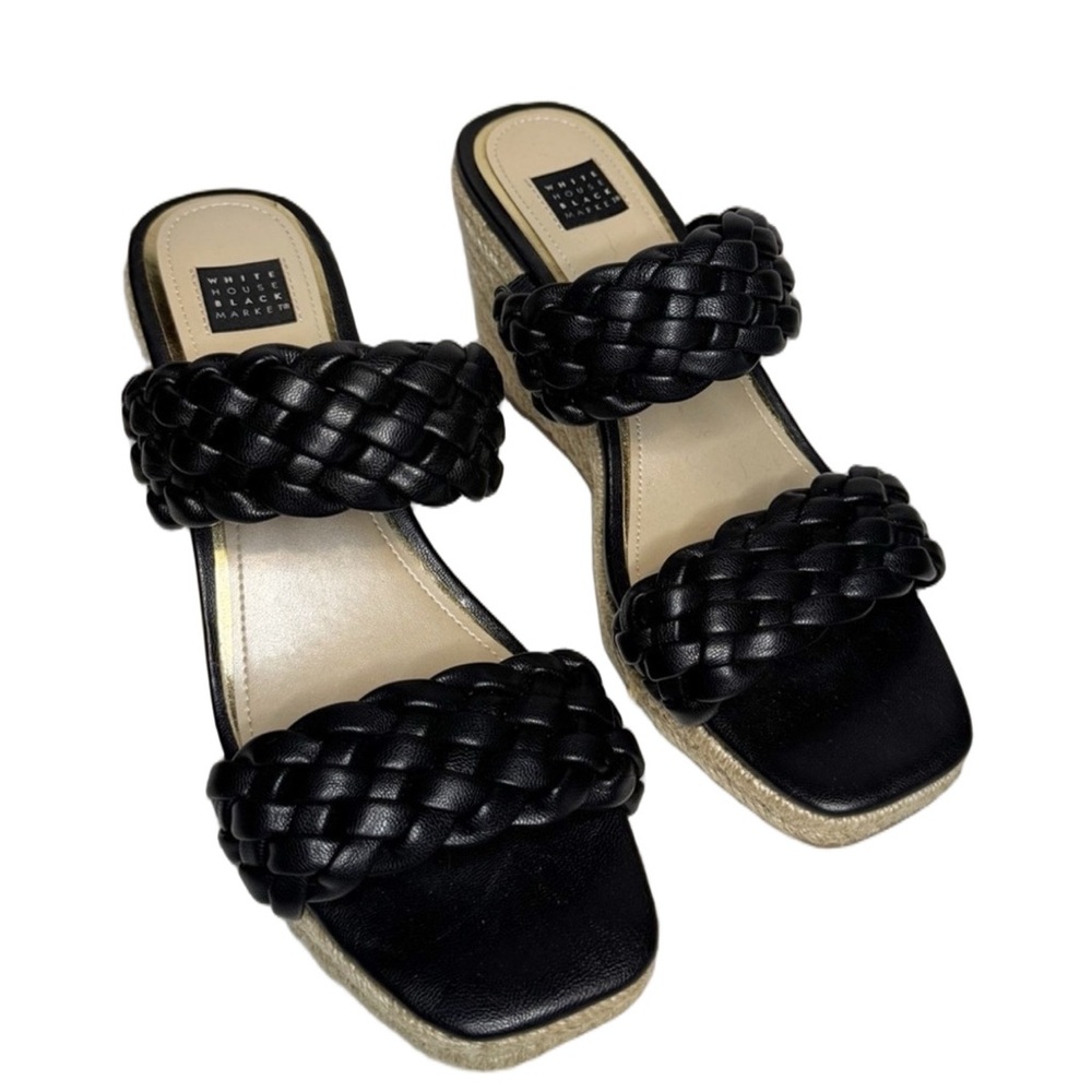 White House Black Market Black Braided Wedge Sandals Espadrille Platform 8